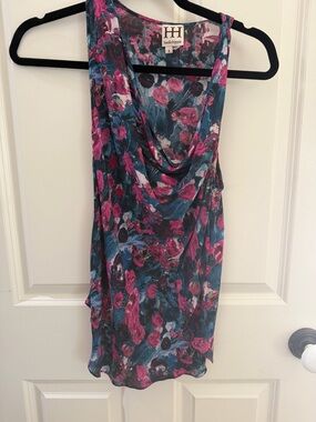 Haute Hippie Teal & Fuchsia Floral Silk Cowl Tank